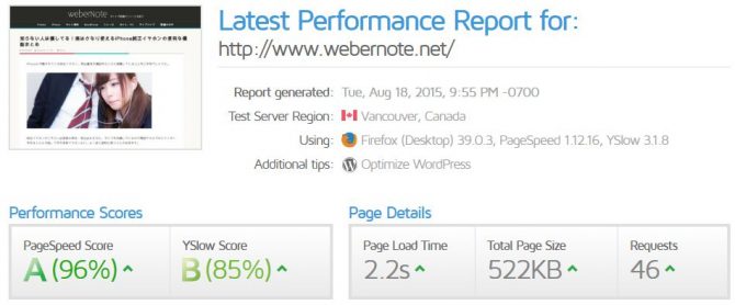 新サーバーのページスピードレポート