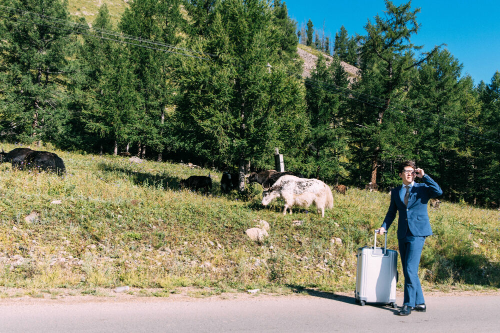 放牧されたヤクと山道を歩くビジネスマン